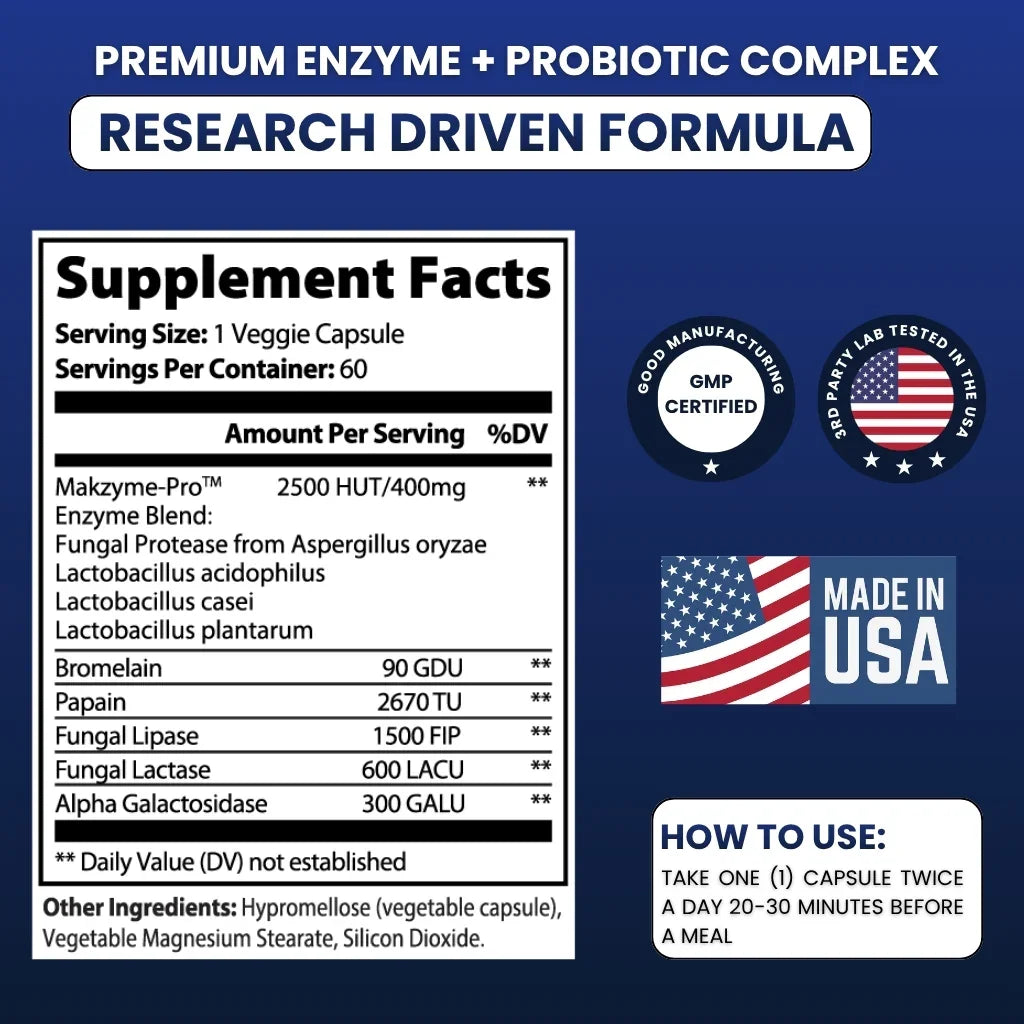 Digestive enzyme and probiotic supplement facts label, GMP certified, made in USA, dosage instructions.