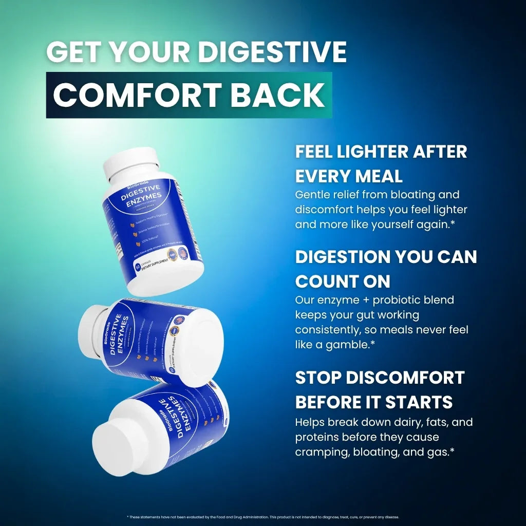 Digestive enzyme supplement bottles with text highlighting benefits for digestive comfort, relief from bloating and support for gut health.