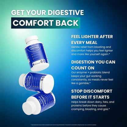 Digestive enzyme supplement bottles with text highlighting benefits for digestive comfort, relief from bloating and support for gut health.