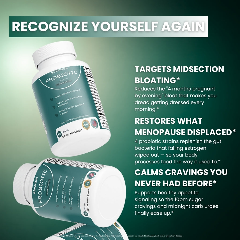 BioGrade probiotic supplement bottles with text promoting digestive health and reduced bloating