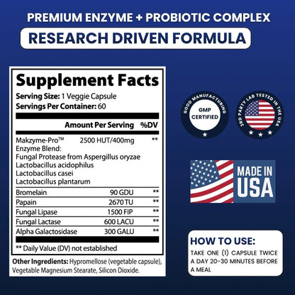Digestive enzyme and probiotic supplement facts label, GMP certified, made in USA, dosage instructions.