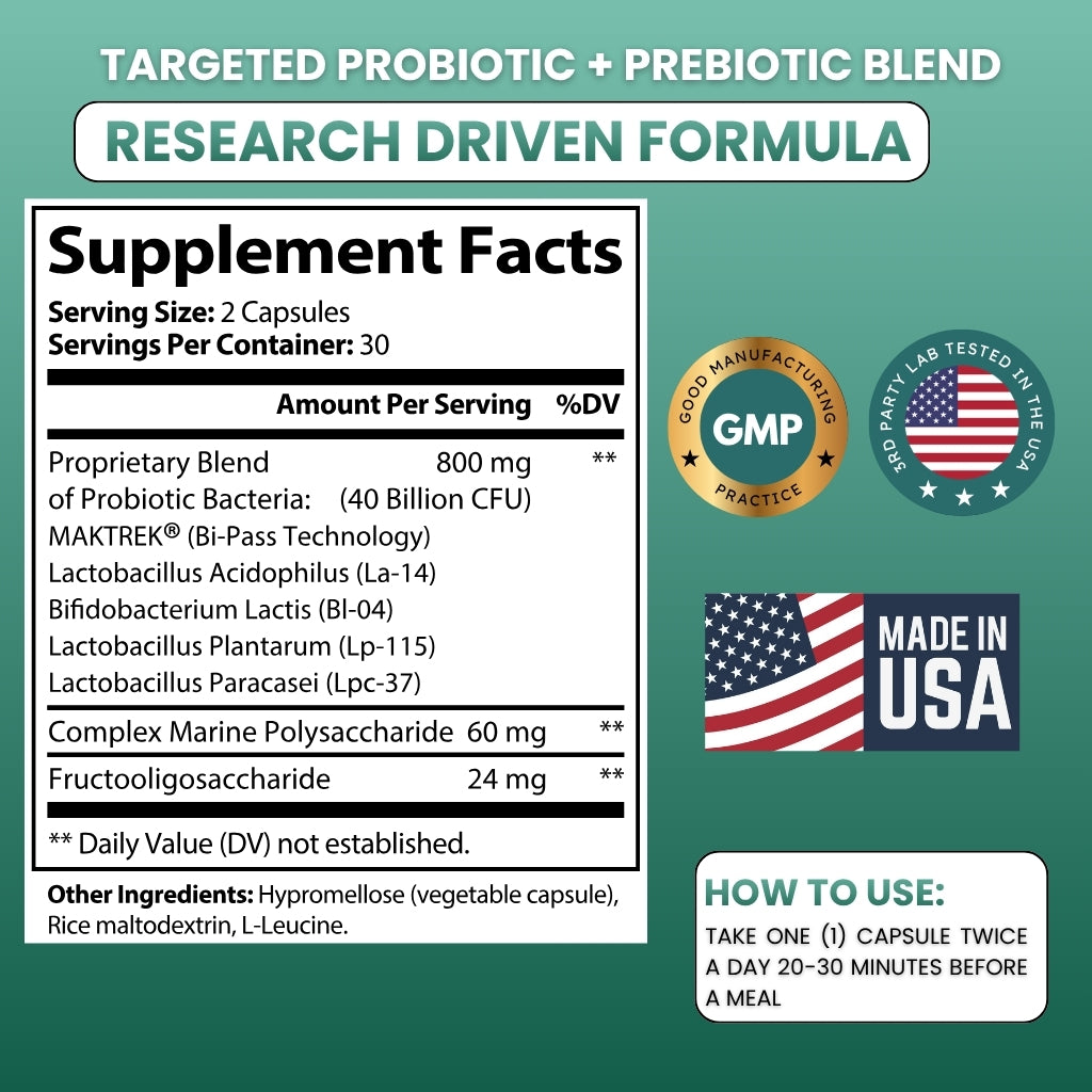 Digestive enzyme and probiotic supplement facts label, made in USA, dosage instructions