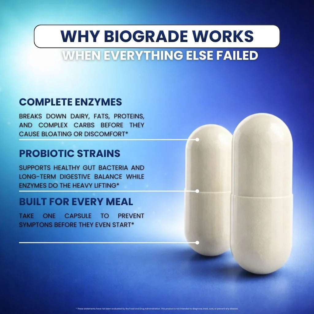 Digestive enzyme and probiotic supplement capsules with text highlighting benefits for gut health.
