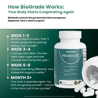 Probiotic supplement bottle with capsules, benefits for bloating and digestion stages listed.