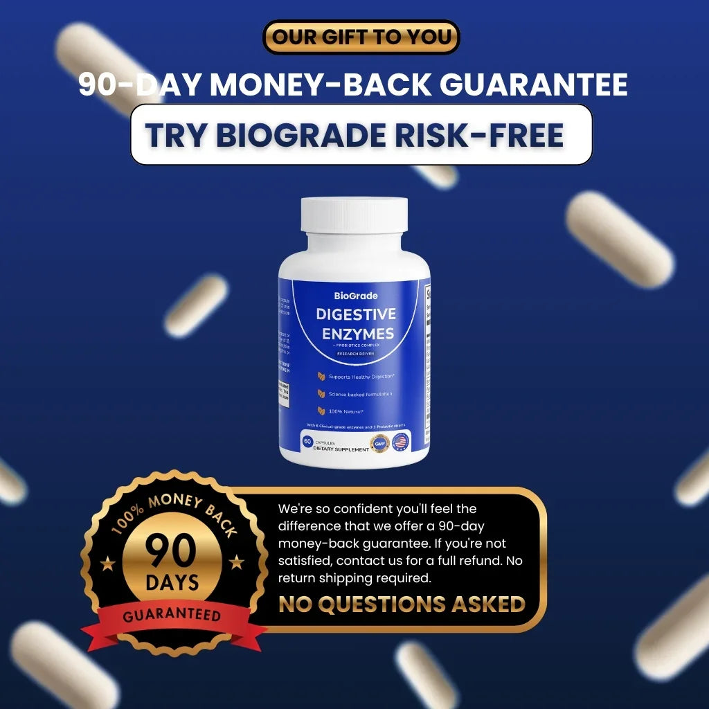 Digestive enzyme supplement bottle with 90-day money-back guarantee text and capsules on blue background.