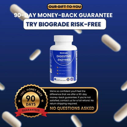 Digestive enzyme supplement bottle with 90-day money-back guarantee text and capsules on blue background.