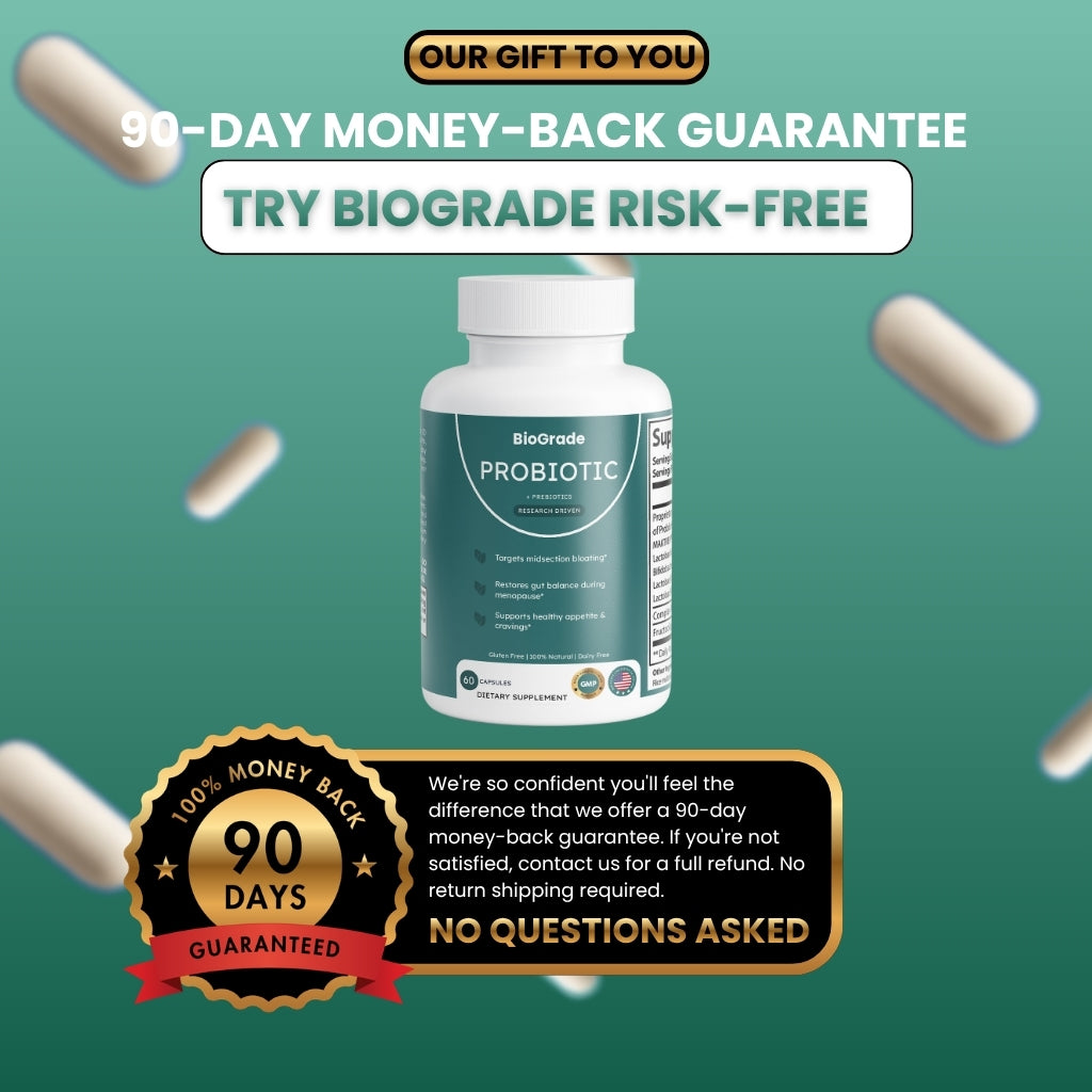 Probiotic supplement bottle with 90-day money-back guarantee, floating capsules on green background