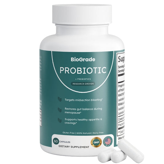 BioGrade probiotic supplement bottle with capsules, digestive health support for adults