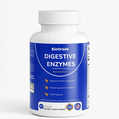 Bottle of digestive enzyme and probiotic supplement capsules for adults with blue label